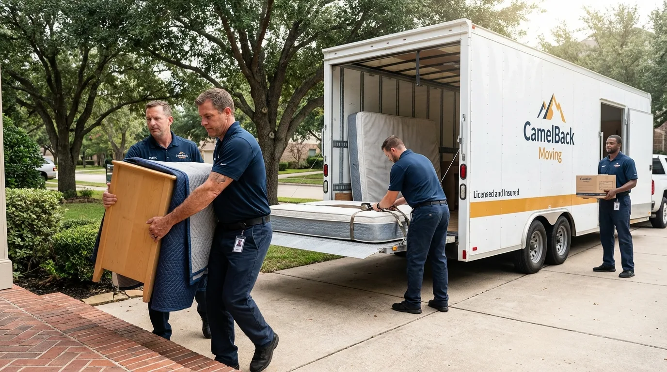 Crew loading residential truck for cross-state move from Mount Vernon, TX