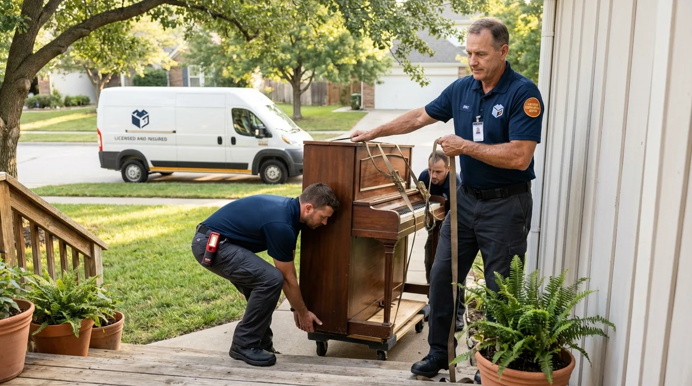 Licensed piano movers securing grand piano in Mount Vernon, TX