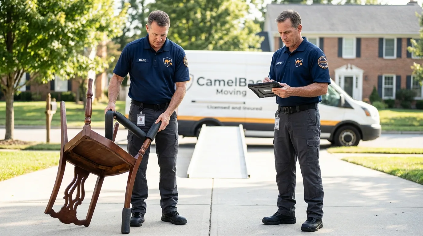 Movers inspecting furniture for damage prevention before loading in Mount Vernon, TX