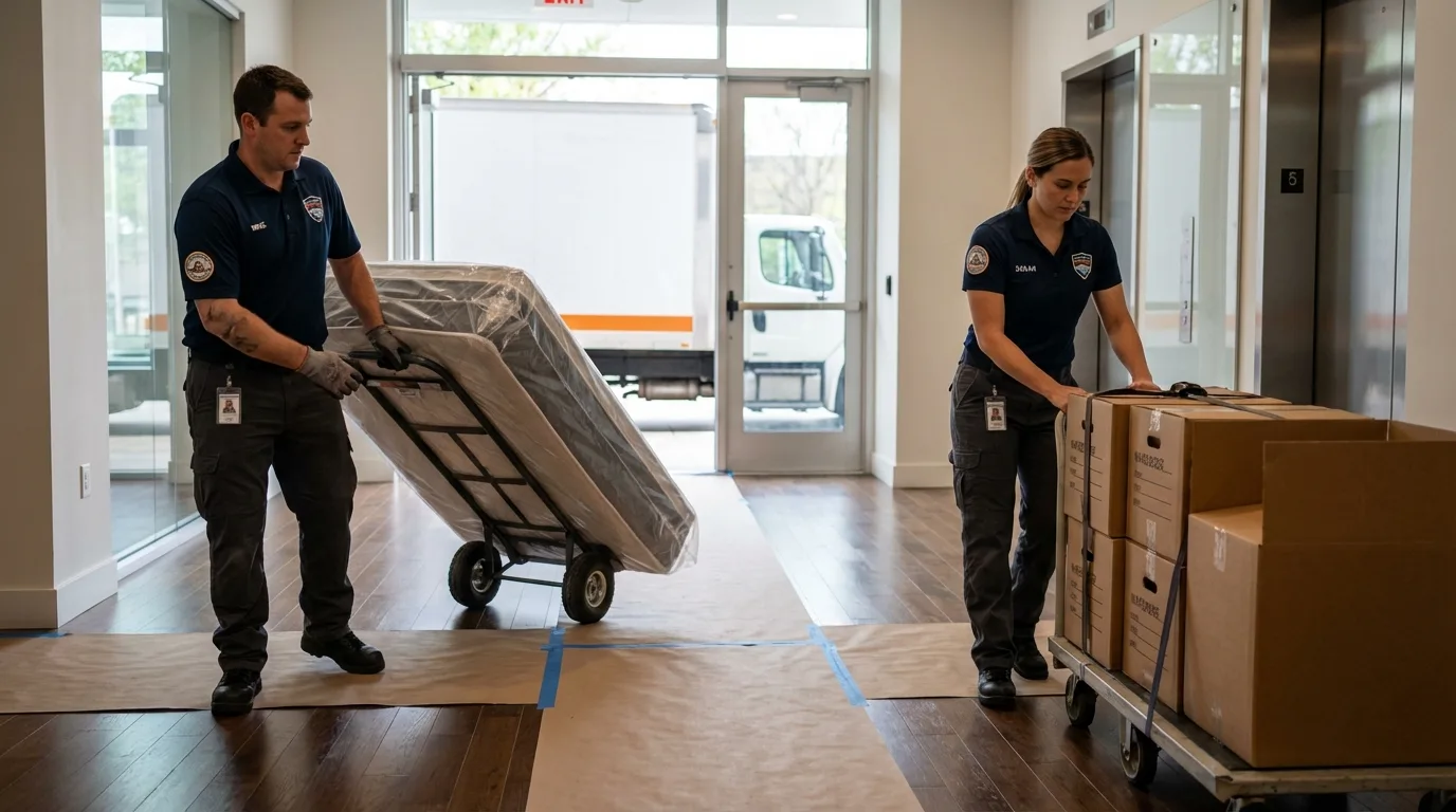 Professional apartment movers loading elevator in Mount Vernon, TX